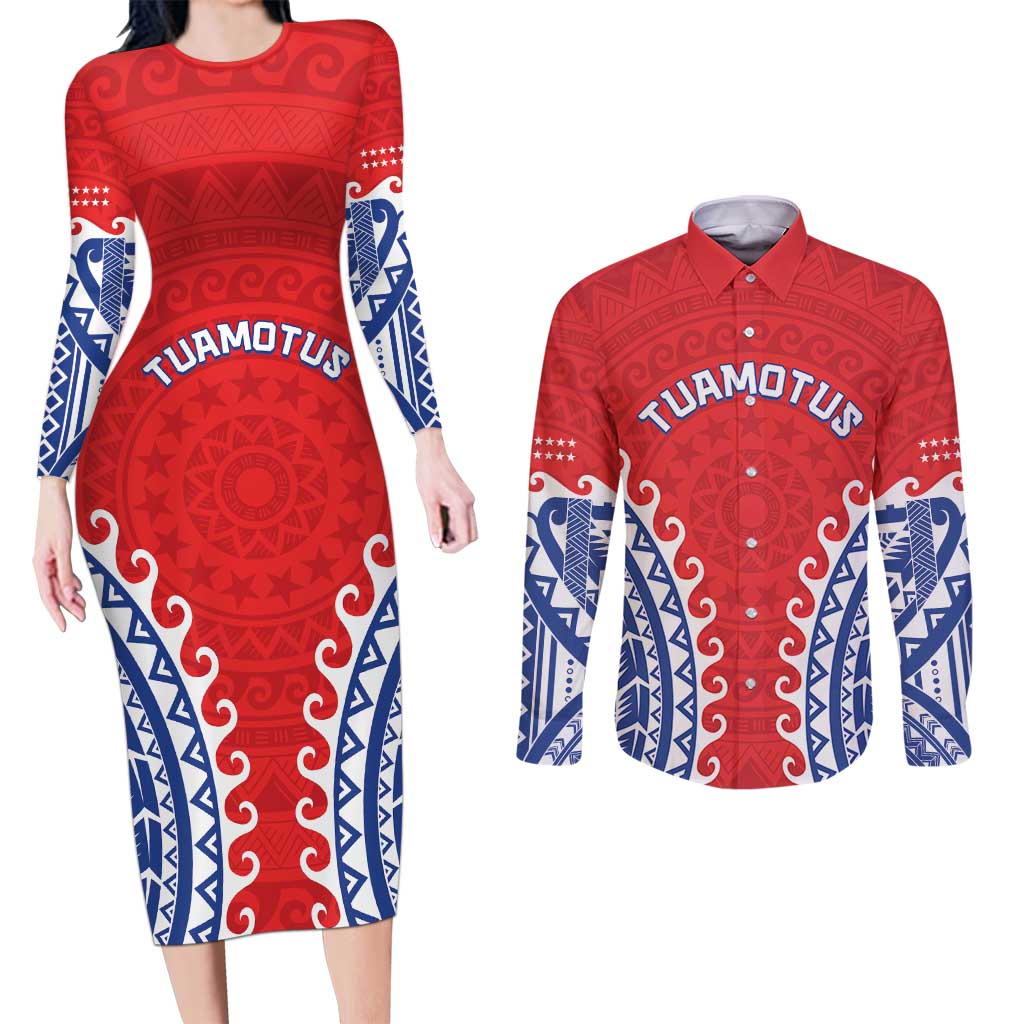 Custom Tuamotu Archipelago Couples Matching Long Sleeve Bodycon Dress and Long Sleeve Button Shirt Polynesian Tribal Tattoo LT05 Red - Polynesian Pride