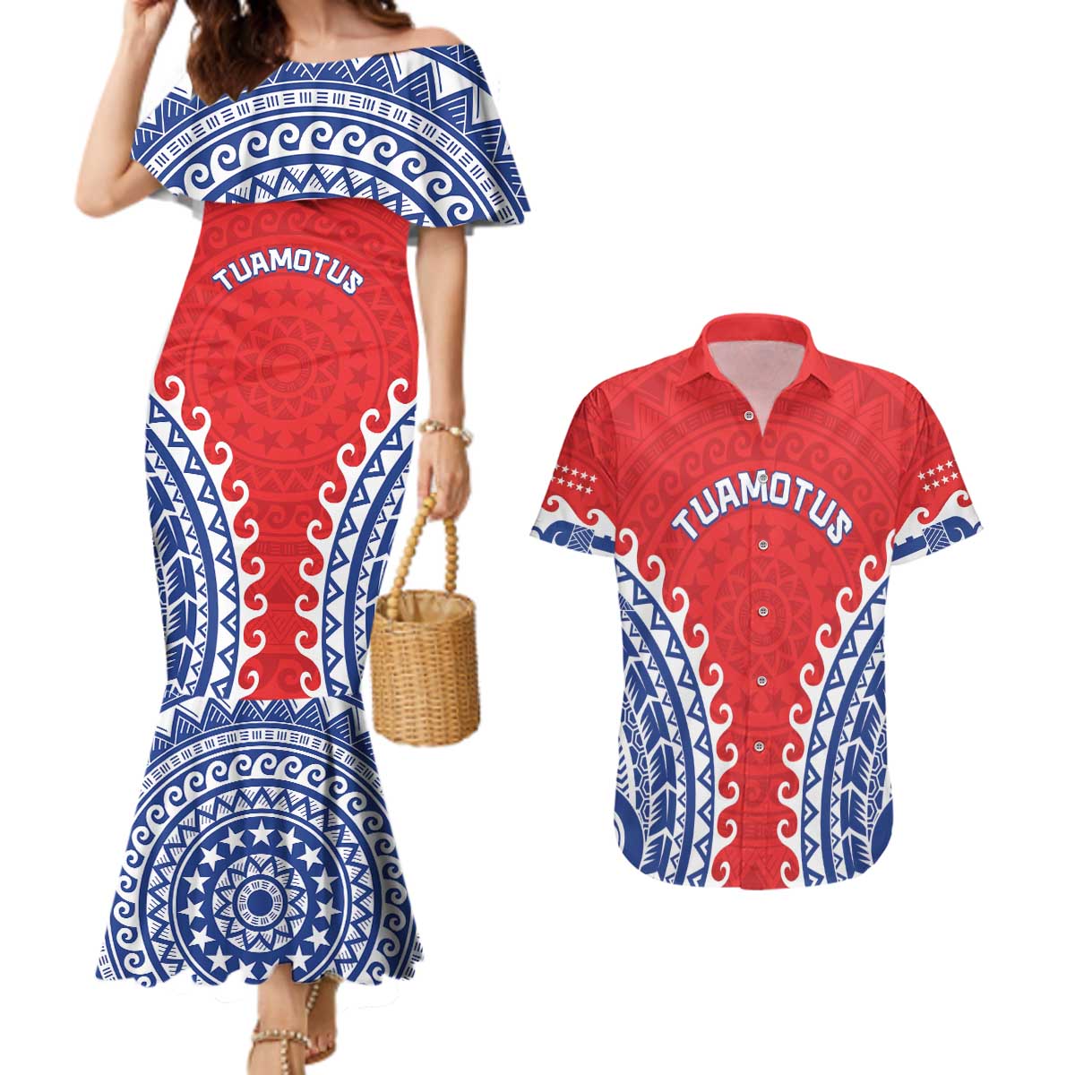 Custom Tuamotu Archipelago Couples Matching Mermaid Dress and Hawaiian Shirt Polynesian Tribal Tattoo LT05 Red - Polynesian Pride