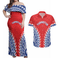 Custom Tuamotu Archipelago Couples Matching Off Shoulder Maxi Dress and Hawaiian Shirt Polynesian Tribal Tattoo LT05 Red - Polynesian Pride