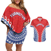 Custom Tuamotu Archipelago Couples Matching Off Shoulder Short Dress and Hawaiian Shirt Polynesian Tribal Tattoo LT05 Red - Polynesian Pride
