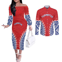 Custom Tuamotu Archipelago Couples Matching Off The Shoulder Long Sleeve Dress and Long Sleeve Button Shirt Polynesian Tribal Tattoo LT05 Red - Polynesian Pride