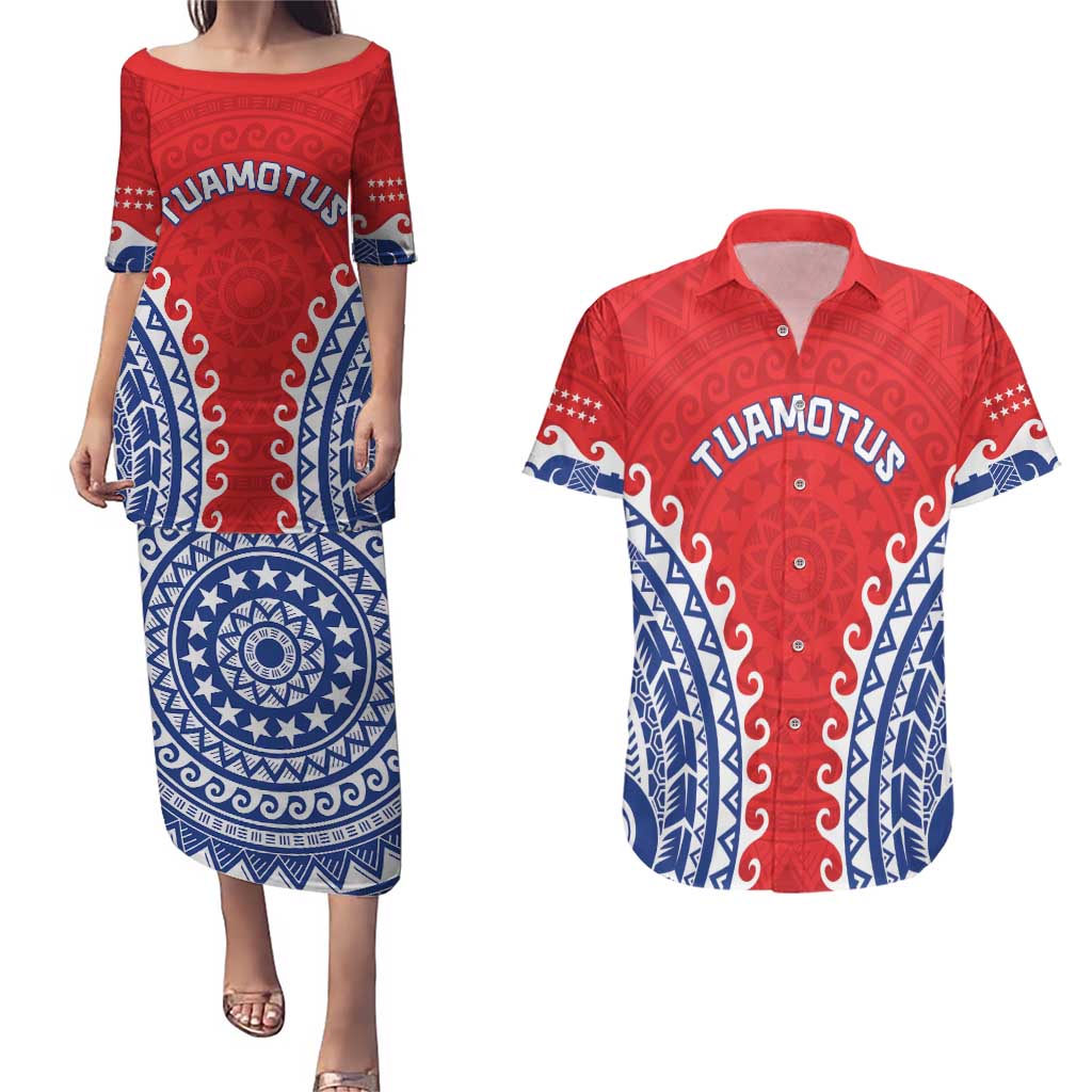 Custom Tuamotu Archipelago Couples Matching Puletasi and Hawaiian Shirt Polynesian Tribal Tattoo