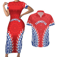 Custom Tuamotu Archipelago Couples Matching Short Sleeve Bodycon Dress and Hawaiian Shirt Polynesian Tribal Tattoo LT05 Red - Polynesian Pride