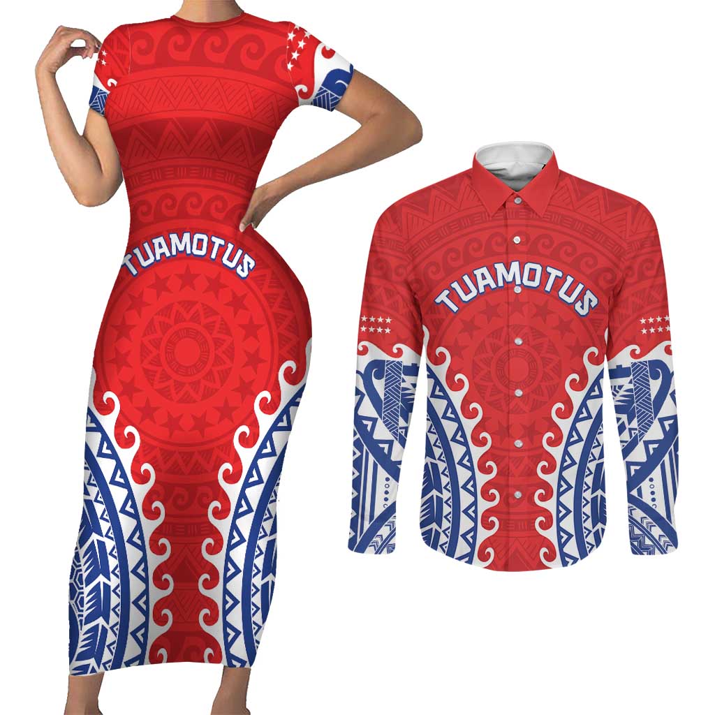 Custom Tuamotu Archipelago Couples Matching Short Sleeve Bodycon Dress and Long Sleeve Button Shirt Polynesian Tribal Tattoo LT05 Red - Polynesian Pride