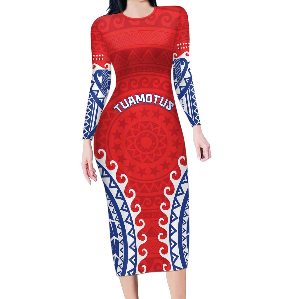 Custom Tuamotu Archipelago Family Matching Long Sleeve Bodycon Dress and Hawaiian Shirt Polynesian Tribal Tattoo LT05 Mom's Dress Red - Polynesian Pride