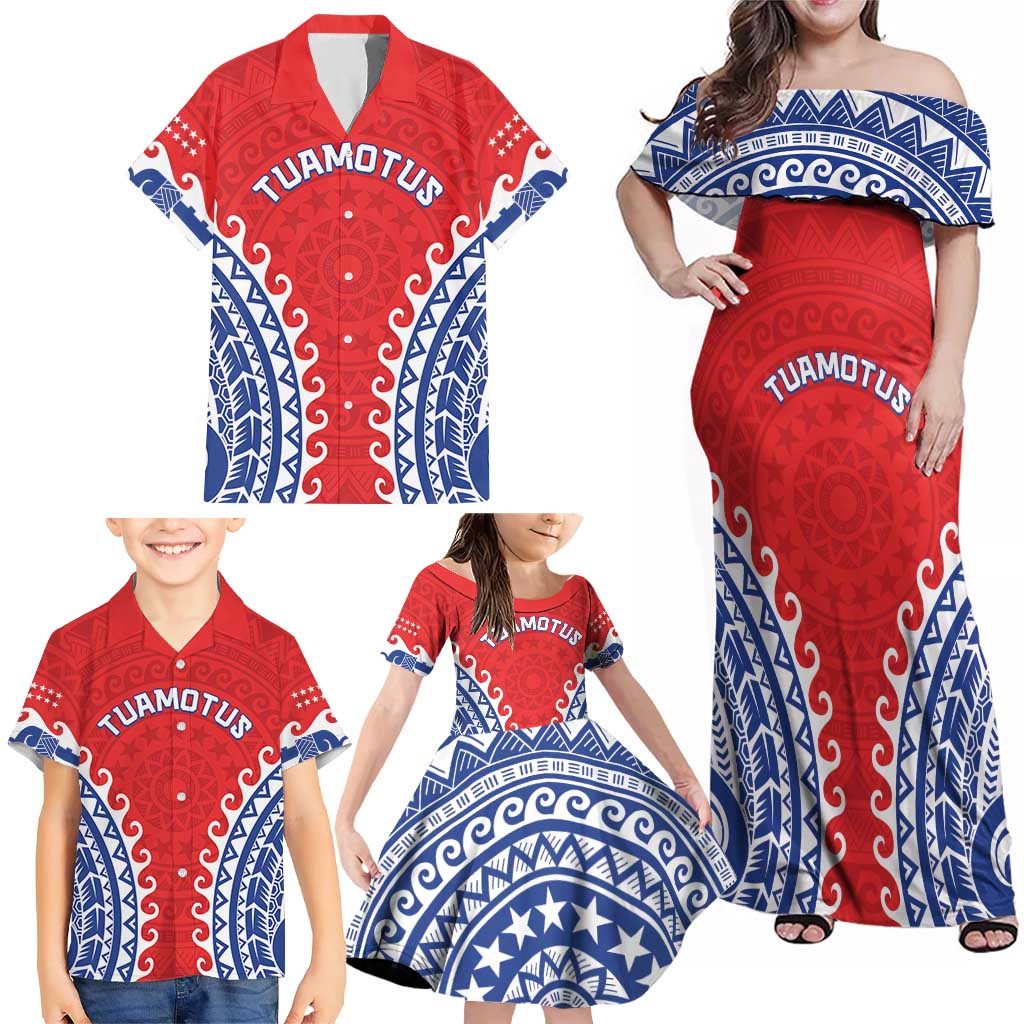 Custom Tuamotu Archipelago Family Matching Off Shoulder Maxi Dress and Hawaiian Shirt Polynesian Tribal Tattoo