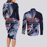 Tuamotu Islands Couples Matching Long Sleeve Bodycon Dress and Long Sleeve Button Shirt Polynesian Pattern With Turtle