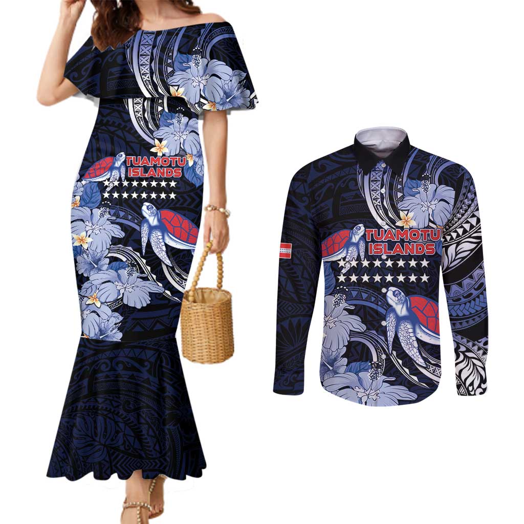 Tuamotu Islands Couples Matching Mermaid Dress and Long Sleeve Button Shirt Polynesian Pattern With Turtle