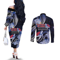 Tuamotu Islands Couples Matching Off The Shoulder Long Sleeve Dress and Long Sleeve Button Shirt Polynesian Pattern With Turtle