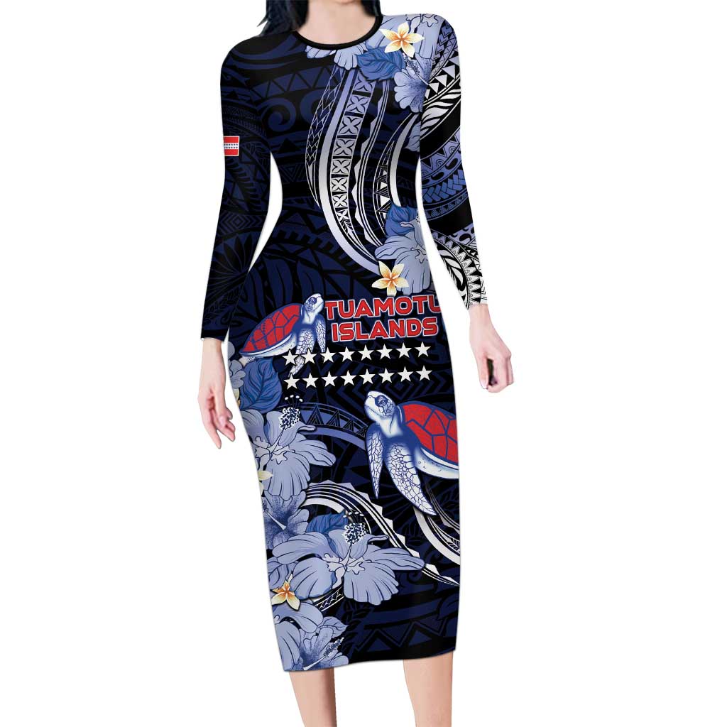 Tuamotu Islands Family Matching Long Sleeve Bodycon Dress and Hawaiian Shirt Polynesian Pattern With Turtle LT05 Mom's Dress Black - Polynesian Pride