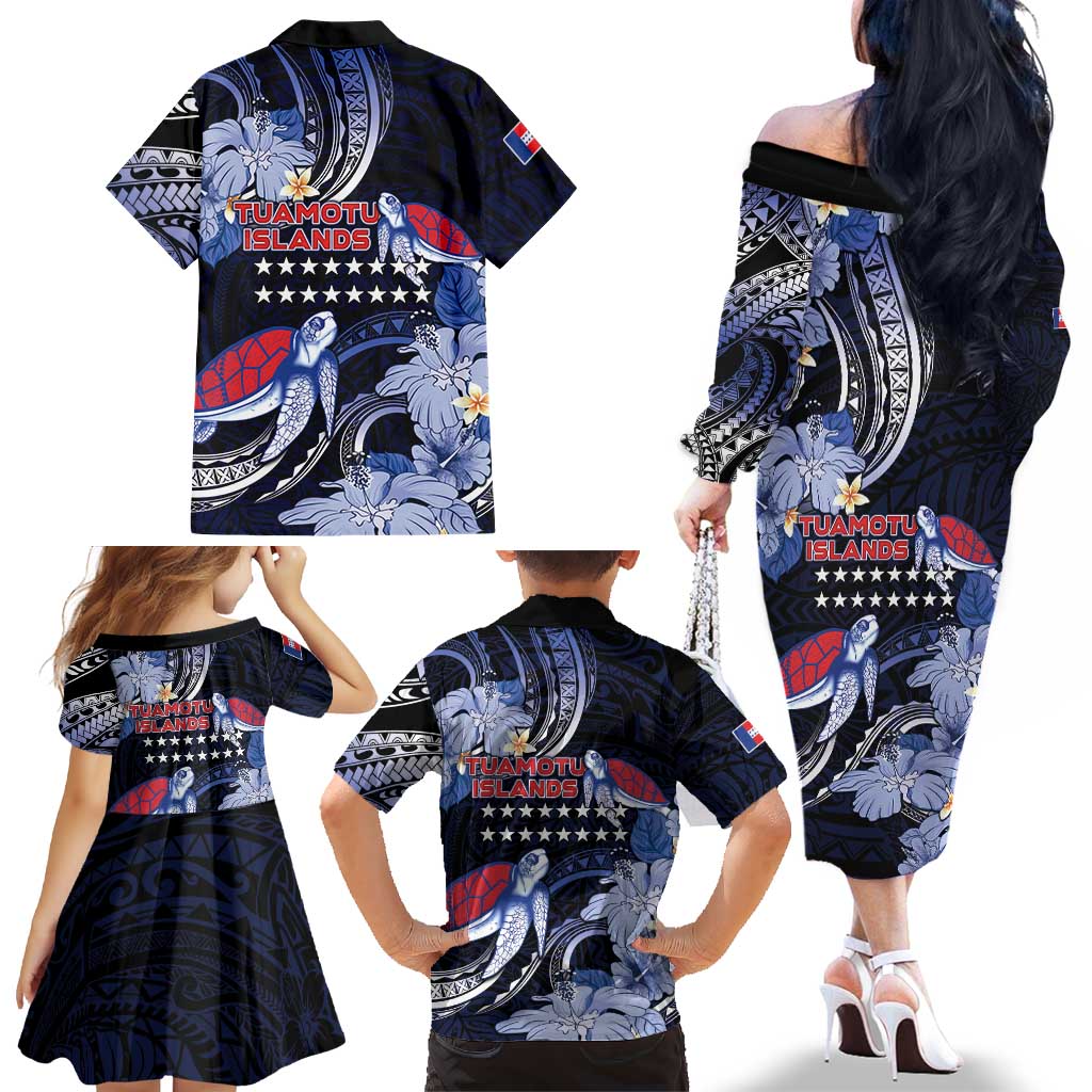 Tuamotu Islands Family Matching Off The Shoulder Long Sleeve Dress and Hawaiian Shirt Polynesian Pattern With Turtle LT05 - Polynesian Pride