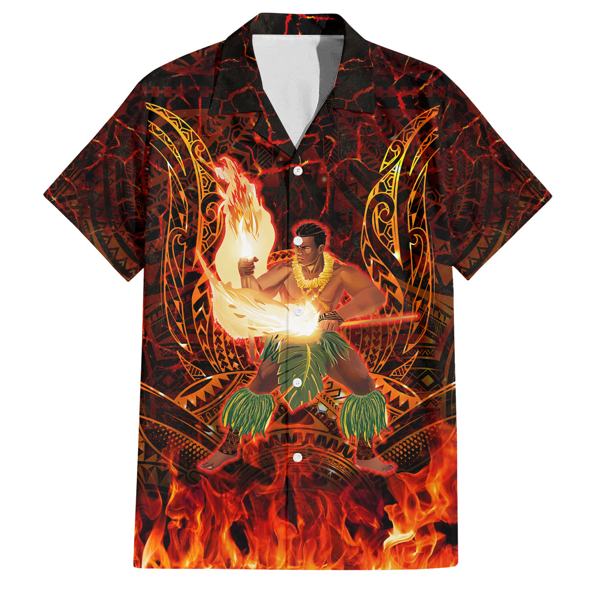Samoa Siva Afi Festival Family Matching Off Shoulder Maxi Dress and Hawaiian Shirt Fire Knife Dancing LT05 Dad's Shirt - Short Sleeve Green - Polynesian Pride