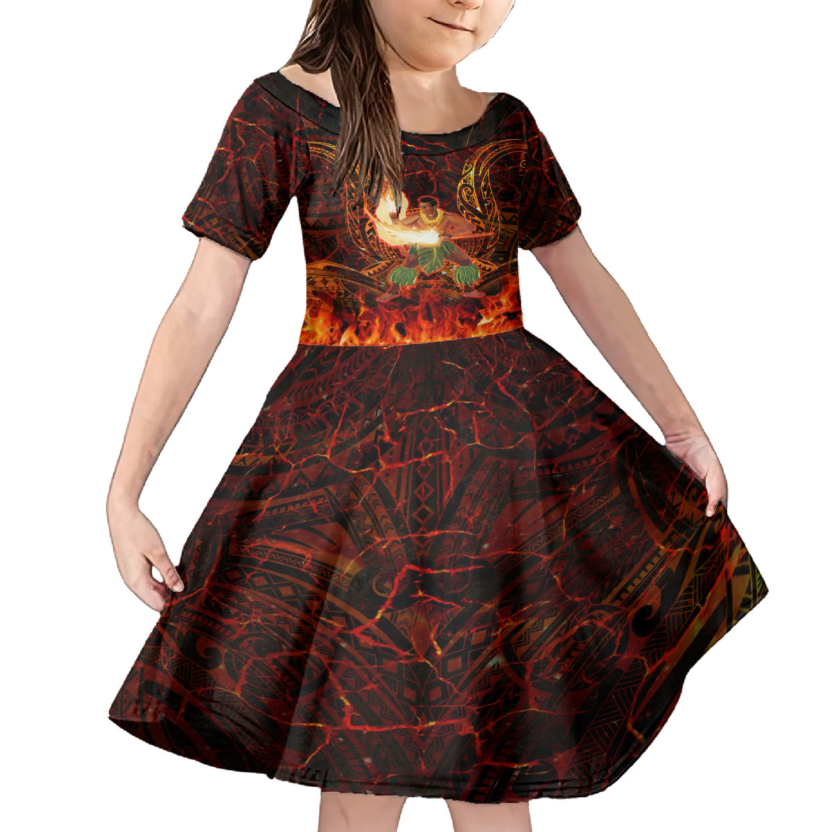 Samoa Siva Afi Festival Family Matching Tank Maxi Dress and Hawaiian Shirt Fire Knife Dancing LT05 Daughter's Dress Green - Polynesian Pride