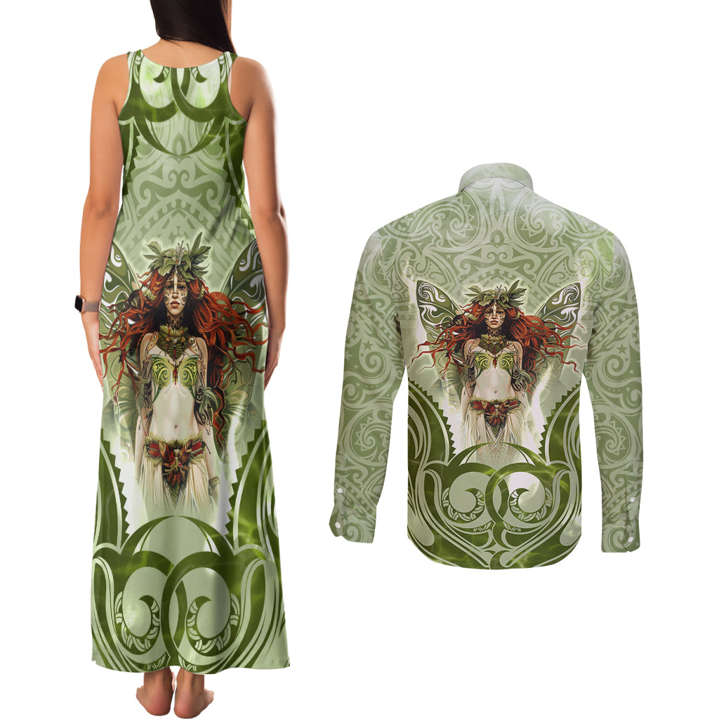 New Zealand Maori Fairy Patupaiarehe Couples Matching Tank Maxi Dress and Long Sleeve Button Shirt Polynesian Style LT05 - Polynesian Pride