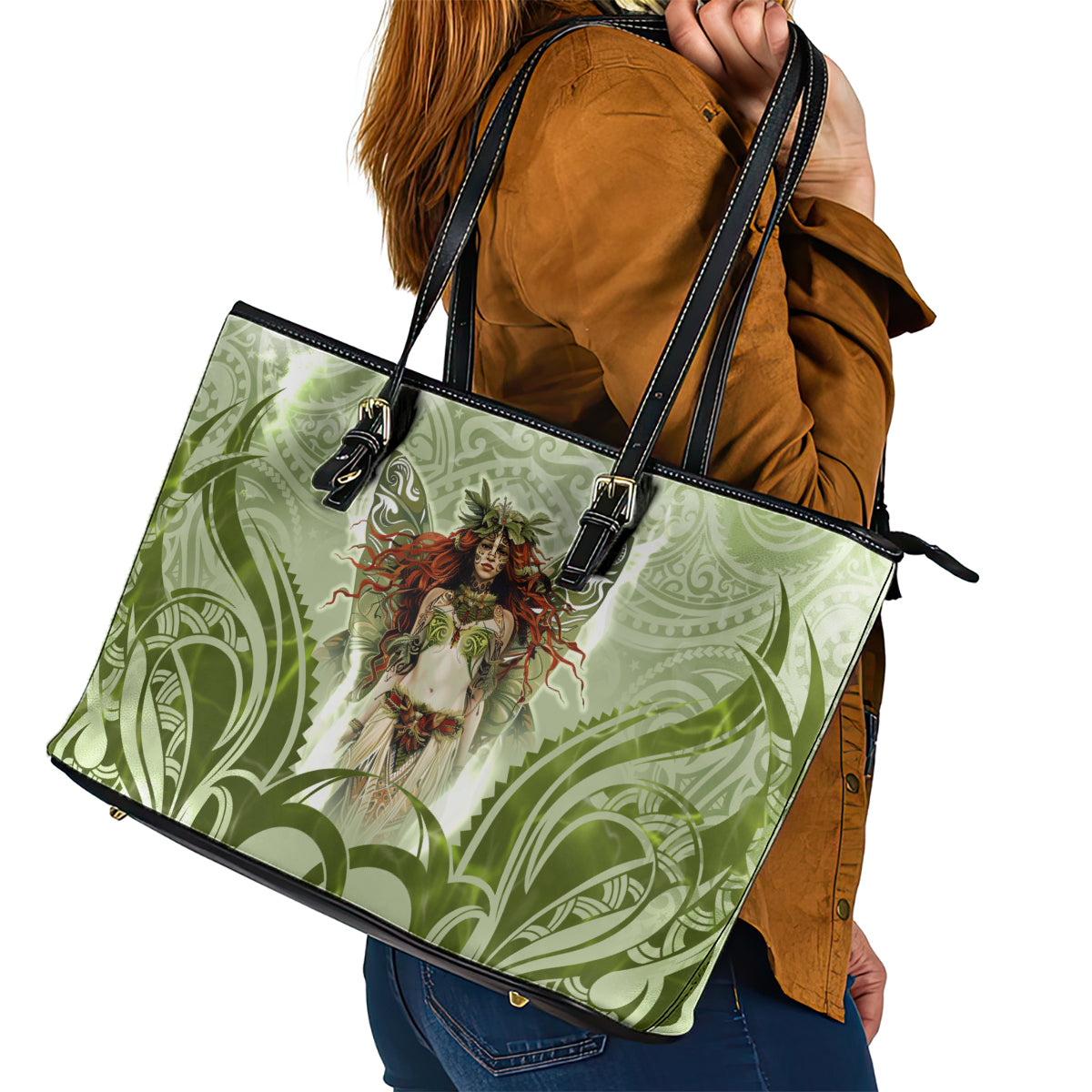 New Zealand Maori Fairy Patupaiarehe Leather Tote Bag Polynesian Style LT05 - Polynesian Pride