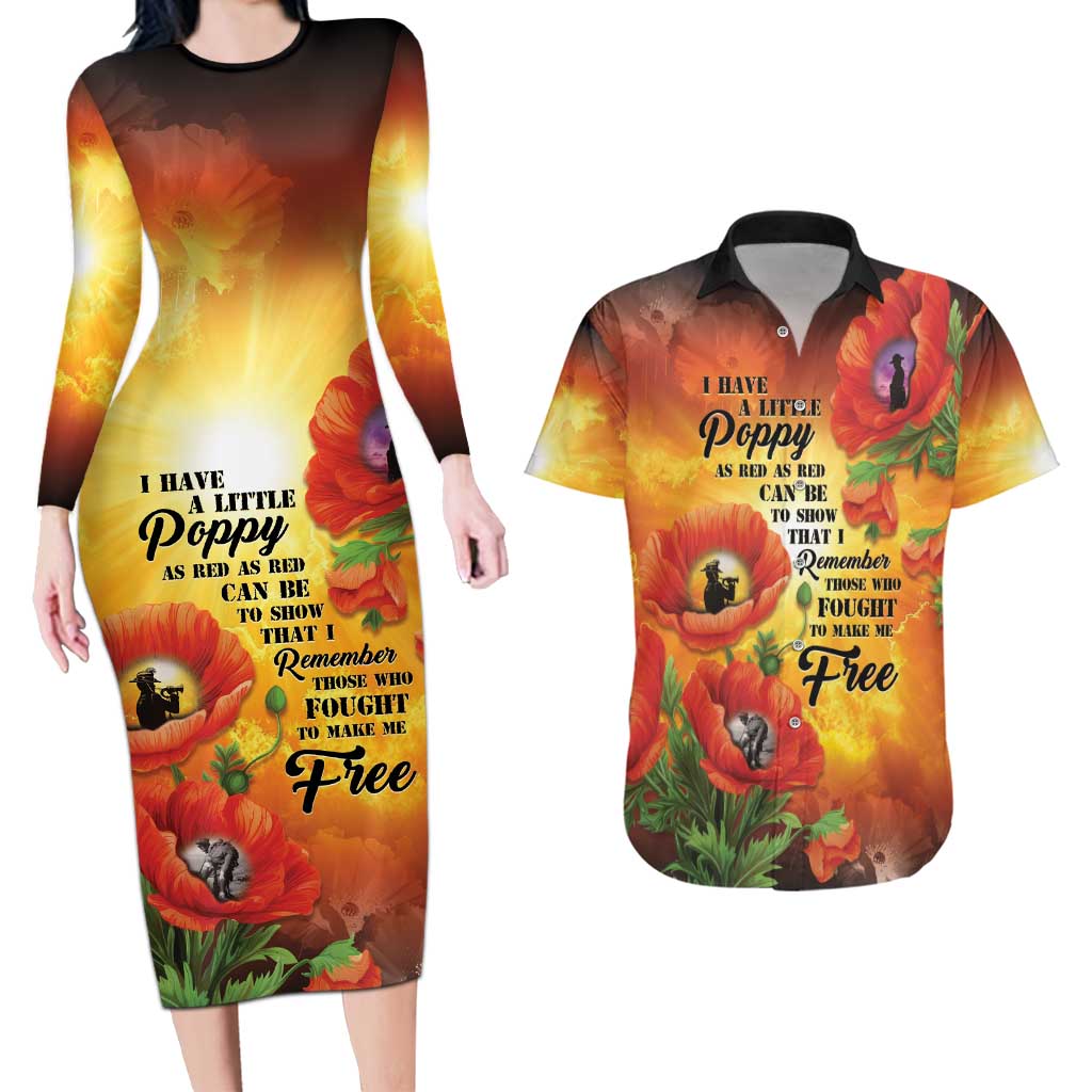ANZAC Day Red Poppy Couples Matching Long Sleeve Bodycon Dress and Hawaiian Shirt Honoring The ANZAC Spirit LT05 Orange - Polynesian Pride