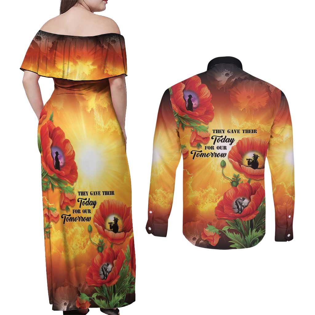ANZAC Day Red Poppy Couples Matching Off Shoulder Maxi Dress and Long Sleeve Button Shirt Honoring The ANZAC Spirit LT05 - Polynesian Pride