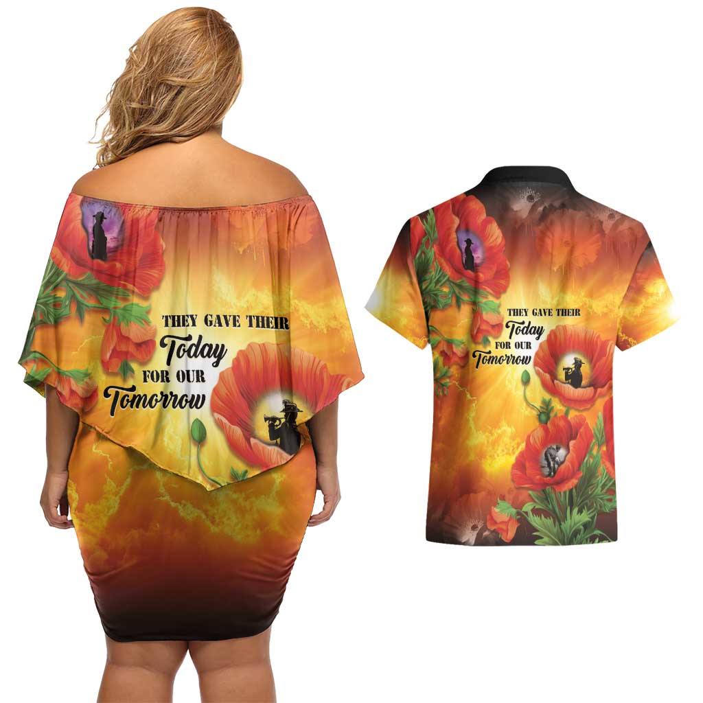 ANZAC Day Red Poppy Couples Matching Off Shoulder Short Dress and Hawaiian Shirt Honoring The ANZAC Spirit LT05 - Polynesian Pride