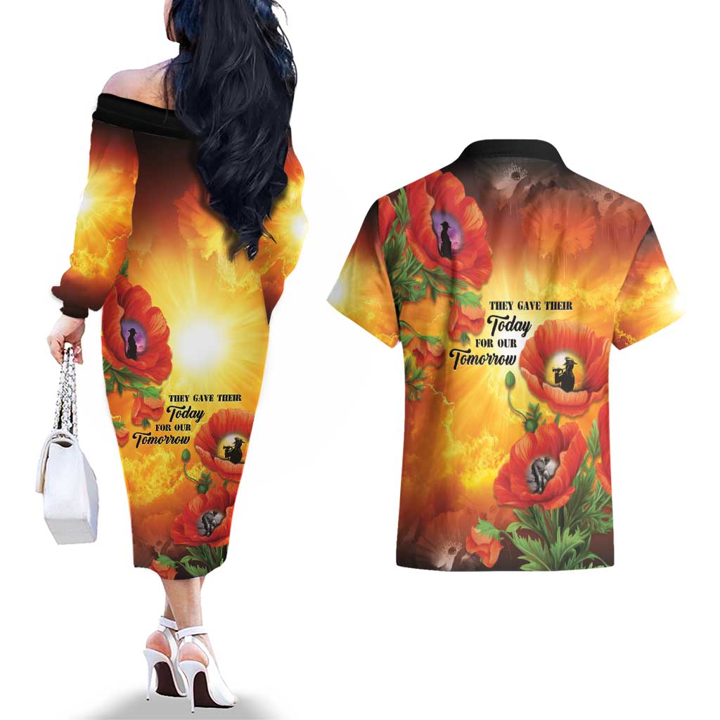 ANZAC Day Red Poppy Couples Matching Off The Shoulder Long Sleeve Dress and Hawaiian Shirt Honoring The ANZAC Spirit LT05 - Polynesian Pride