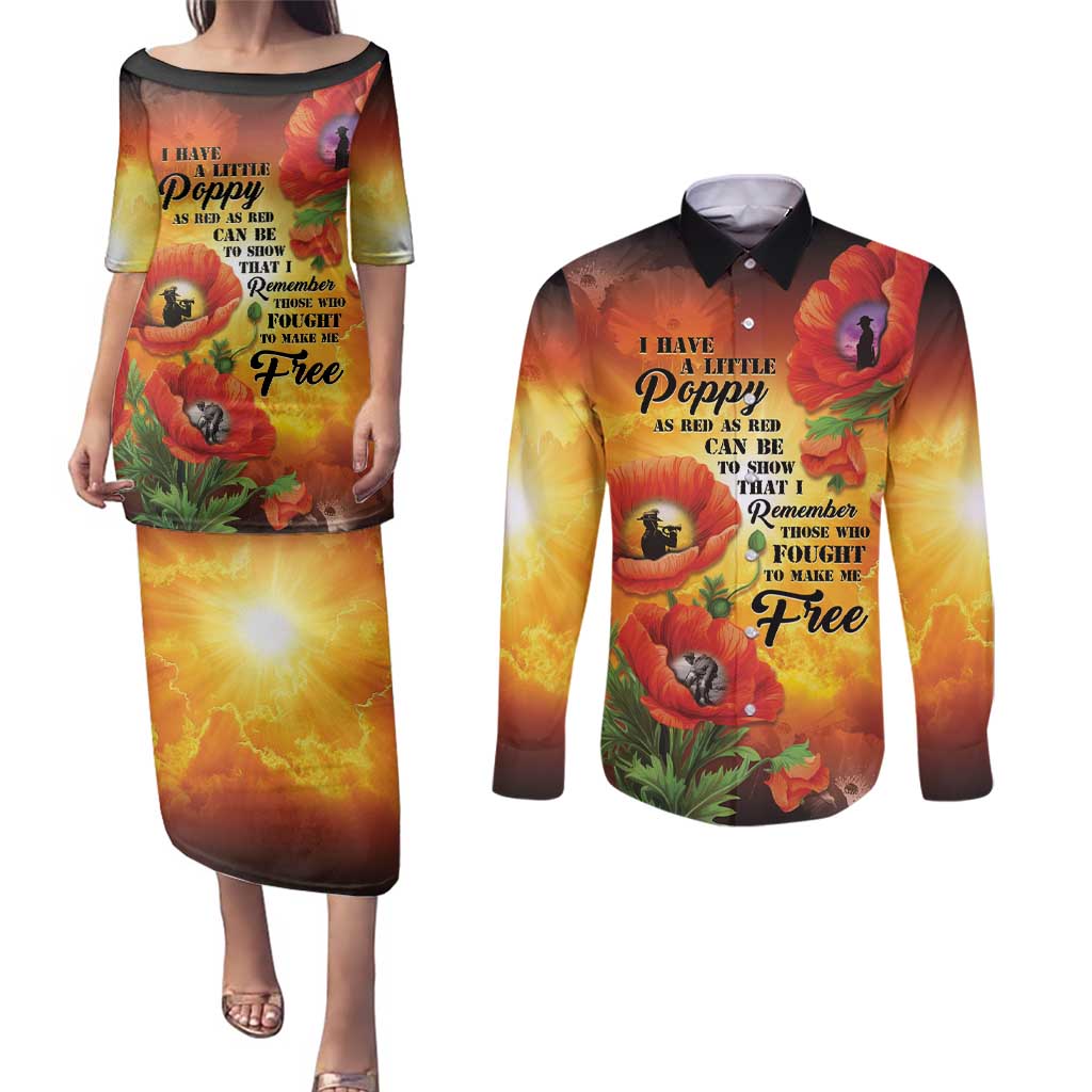 ANZAC Day Red Poppy Couples Matching Puletasi and Long Sleeve Button Shirt Honoring The ANZAC Spirit LT05 Orange - Polynesian Pride