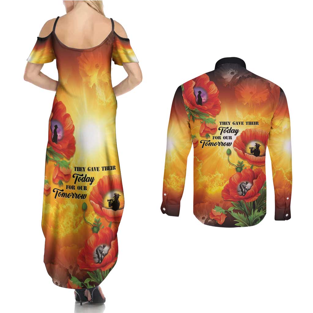 ANZAC Day Red Poppy Couples Matching Summer Maxi Dress and Long Sleeve Button Shirt Honoring The ANZAC Spirit LT05 - Polynesian Pride