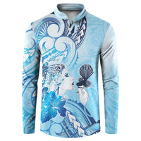 Aotearoa Maori Wahine Button Sweatshirt Fantail Bird Blue Gold Marble
