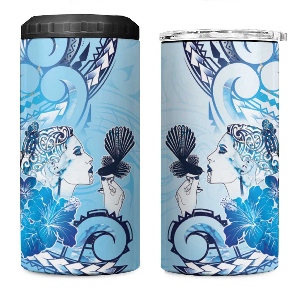 Aotearoa Maori Wahine 4 in 1 Can Cooler Tumbler Fantail Bird Blue Gold Marble LT05 One Size: 16 oz Blue - Polynesian Pride