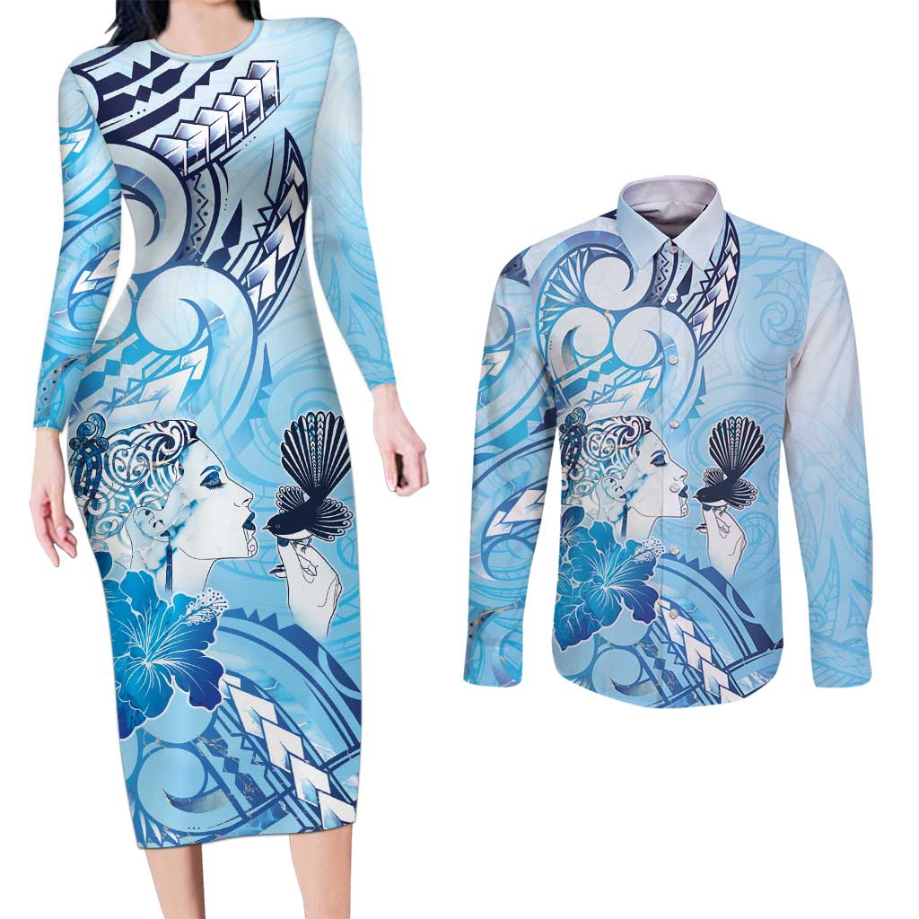 Aotearoa Maori Wahine Couples Matching Long Sleeve Bodycon Dress and Long Sleeve Button Shirt Fantail Bird Blue Gold Marble LT05 Blue - Polynesian Pride