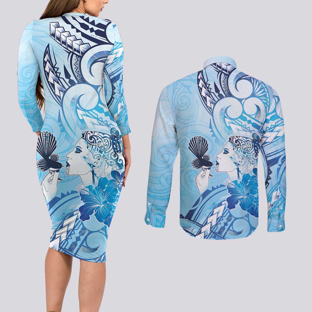 Aotearoa Maori Wahine Couples Matching Long Sleeve Bodycon Dress and Long Sleeve Button Shirt Fantail Bird Blue Gold Marble LT05 - Polynesian Pride