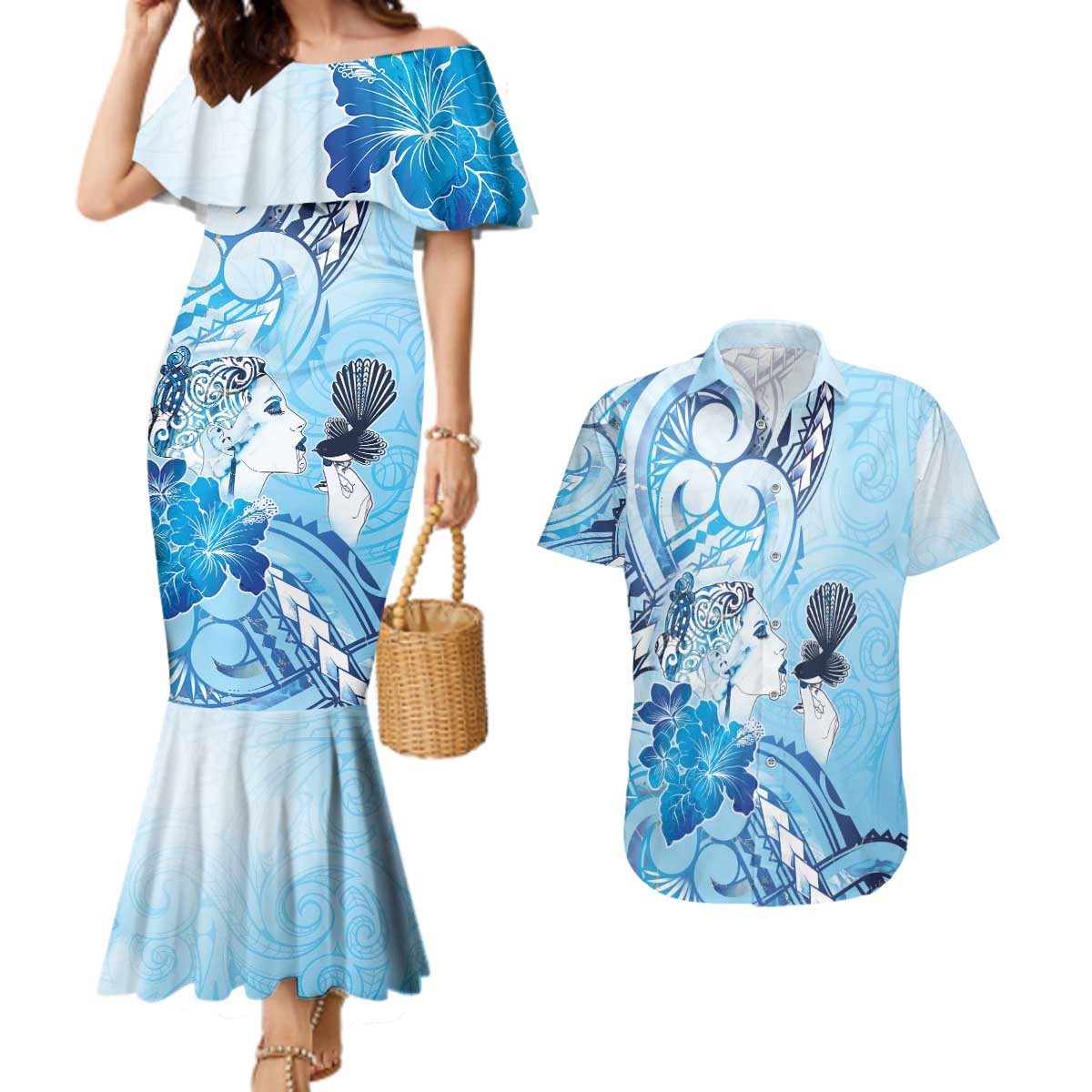 Aotearoa Maori Wahine Couples Matching Mermaid Dress and Hawaiian Shirt Fantail Bird Blue Gold Marble
