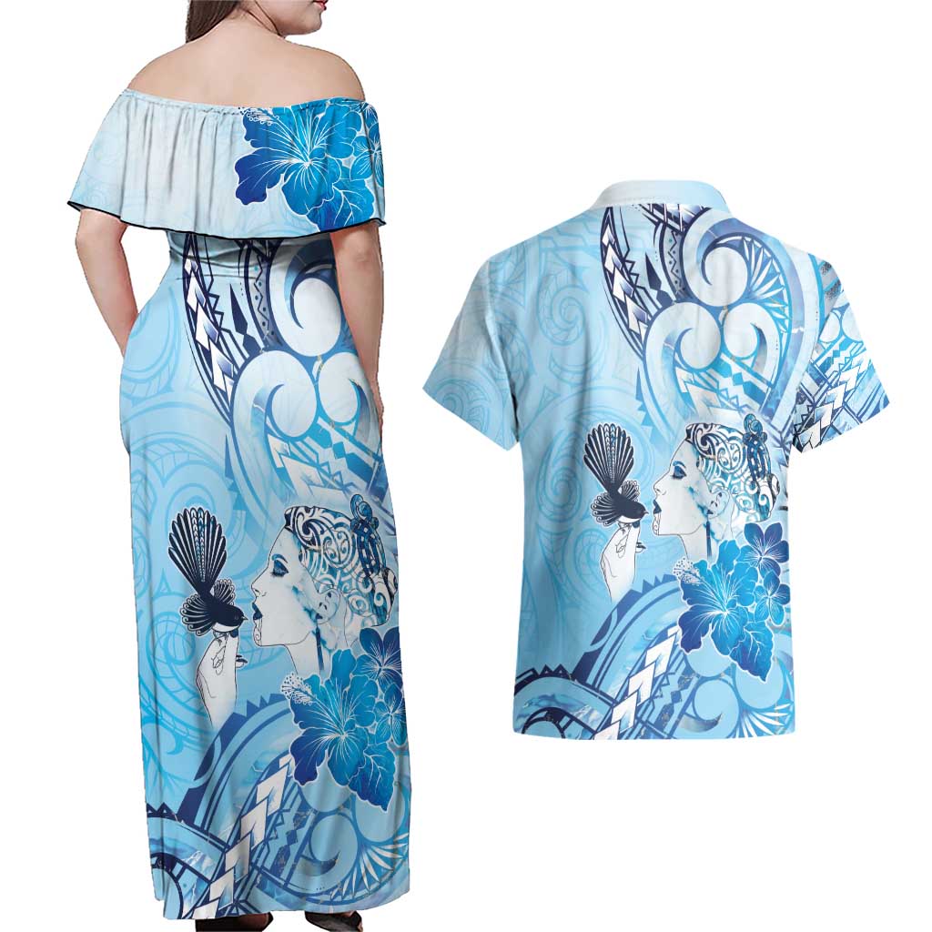 Aotearoa Maori Wahine Couples Matching Off Shoulder Maxi Dress and Hawaiian Shirt Fantail Bird Blue Gold Marble LT05 - Polynesian Pride
