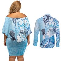Aotearoa Maori Wahine Couples Matching Off Shoulder Short Dress and Long Sleeve Button Shirt Fantail Bird Blue Gold Marble LT05 - Polynesian Pride