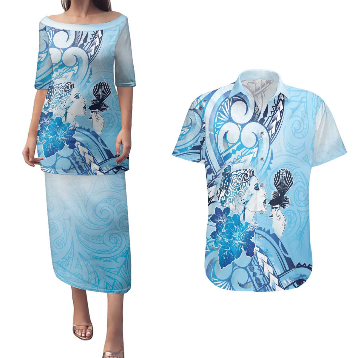 Aotearoa Maori Wahine Couples Matching Puletasi and Hawaiian Shirt Fantail Bird Blue Gold Marble LT05 Blue - Polynesian Pride