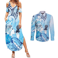 Aotearoa Maori Wahine Couples Matching Summer Maxi Dress and Long Sleeve Button Shirt Fantail Bird Blue Gold Marble LT05 Blue - Polynesian Pride