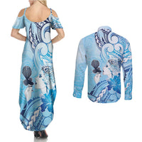 Aotearoa Maori Wahine Couples Matching Summer Maxi Dress and Long Sleeve Button Shirt Fantail Bird Blue Gold Marble LT05 - Polynesian Pride