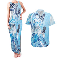 Aotearoa Maori Wahine Couples Matching Tank Maxi Dress and Hawaiian Shirt Fantail Bird Blue Gold Marble LT05 Blue - Polynesian Pride