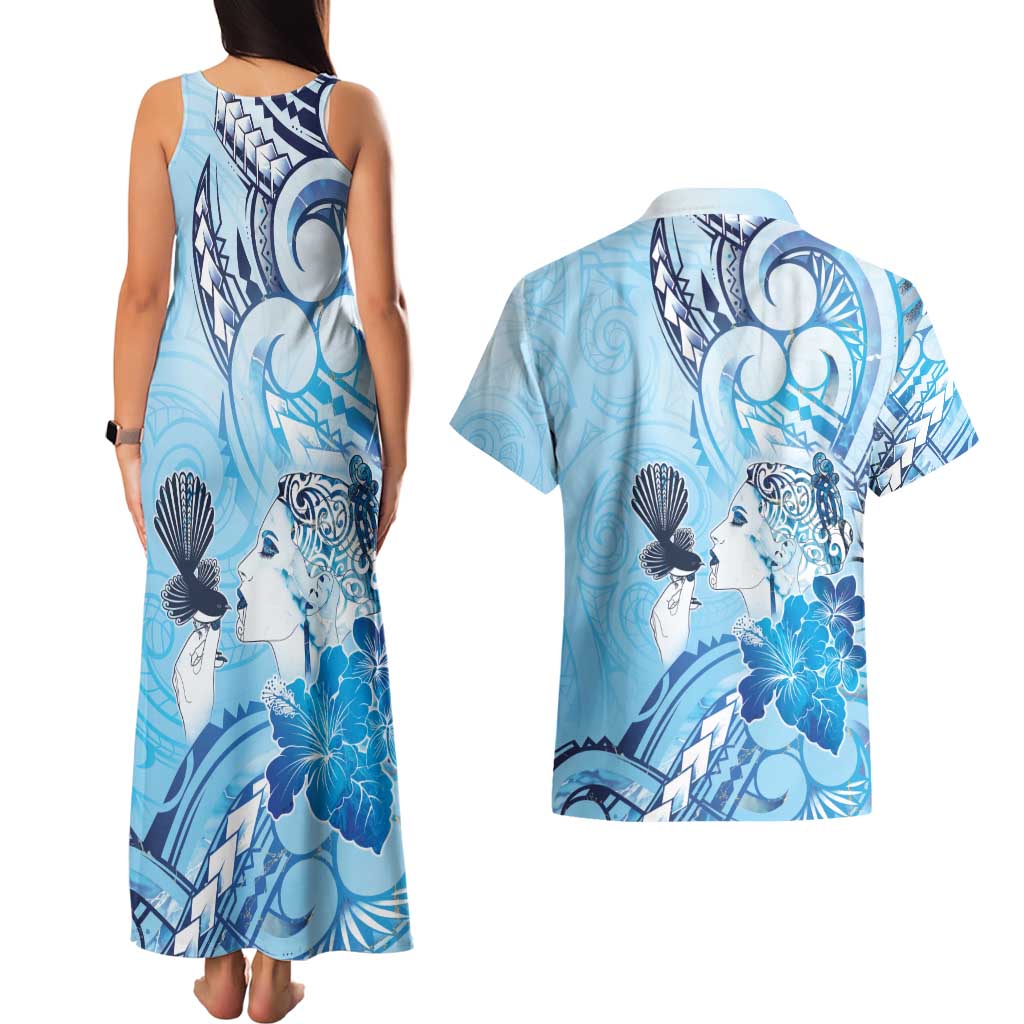 Aotearoa Maori Wahine Couples Matching Tank Maxi Dress and Hawaiian Shirt Fantail Bird Blue Gold Marble LT05 - Polynesian Pride