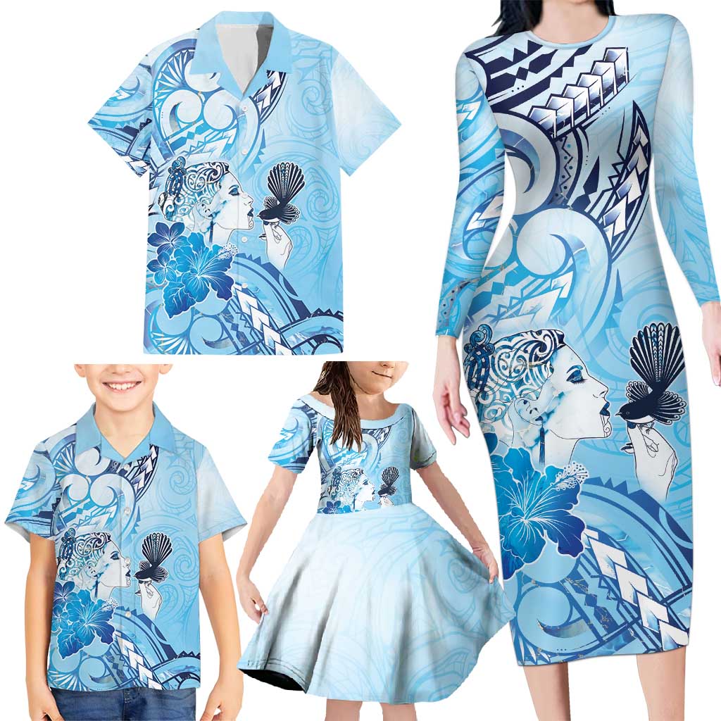 Aotearoa Maori Wahine Family Matching Long Sleeve Bodycon Dress and Hawaiian Shirt Fantail Bird Blue Gold Marble LT05 - Polynesian Pride