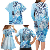 Aotearoa Maori Wahine Family Matching Long Sleeve Bodycon Dress and Hawaiian Shirt Fantail Bird Blue Gold Marble LT05 - Polynesian Pride