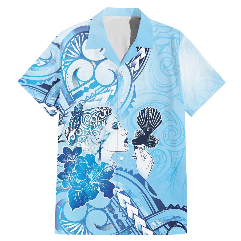 Aotearoa Maori Wahine Family Matching Mermaid Dress and Hawaiian Shirt Fantail Bird Blue Gold Marble LT05 Dad's Shirt - Short Sleeve Blue - Polynesian Pride