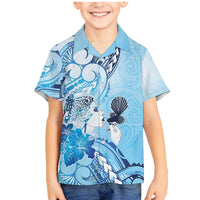 Aotearoa Maori Wahine Family Matching Mermaid Dress and Hawaiian Shirt Fantail Bird Blue Gold Marble LT05 Son's Shirt Blue - Polynesian Pride