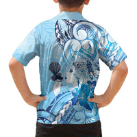 Aotearoa Maori Wahine Family Matching Off The Shoulder Long Sleeve Dress and Hawaiian Shirt Fantail Bird Blue Gold Marble LT05 - Polynesian Pride