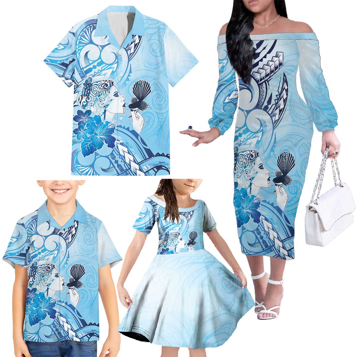 Aotearoa Maori Wahine Family Matching Off The Shoulder Long Sleeve Dress and Hawaiian Shirt Fantail Bird Blue Gold Marble LT05 - Polynesian Pride