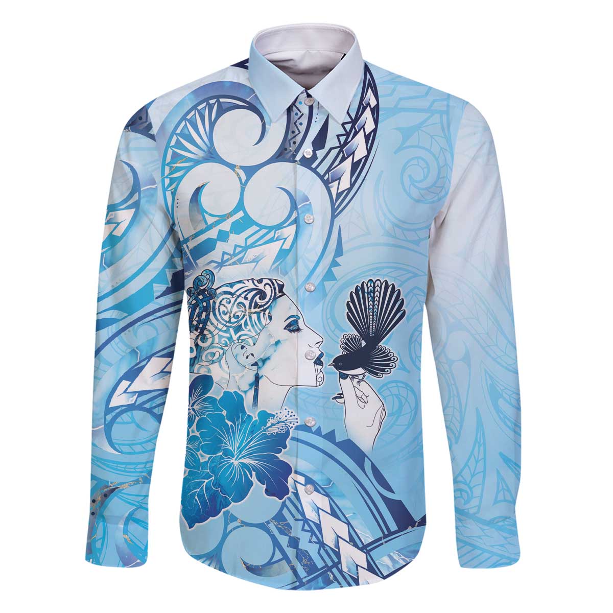 Aotearoa Maori Wahine Family Matching Off The Shoulder Long Sleeve Dress and Hawaiian Shirt Fantail Bird Blue Gold Marble LT05 Dad's Shirt - Long Sleeve Blue - Polynesian Pride