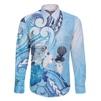 Aotearoa Maori Wahine Family Matching Off The Shoulder Long Sleeve Dress and Hawaiian Shirt Fantail Bird Blue Gold Marble LT05 Dad's Shirt - Long Sleeve Blue - Polynesian Pride