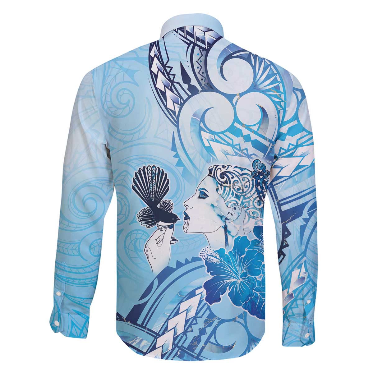 Aotearoa Maori Wahine Family Matching Off The Shoulder Long Sleeve Dress and Hawaiian Shirt Fantail Bird Blue Gold Marble LT05 - Polynesian Pride