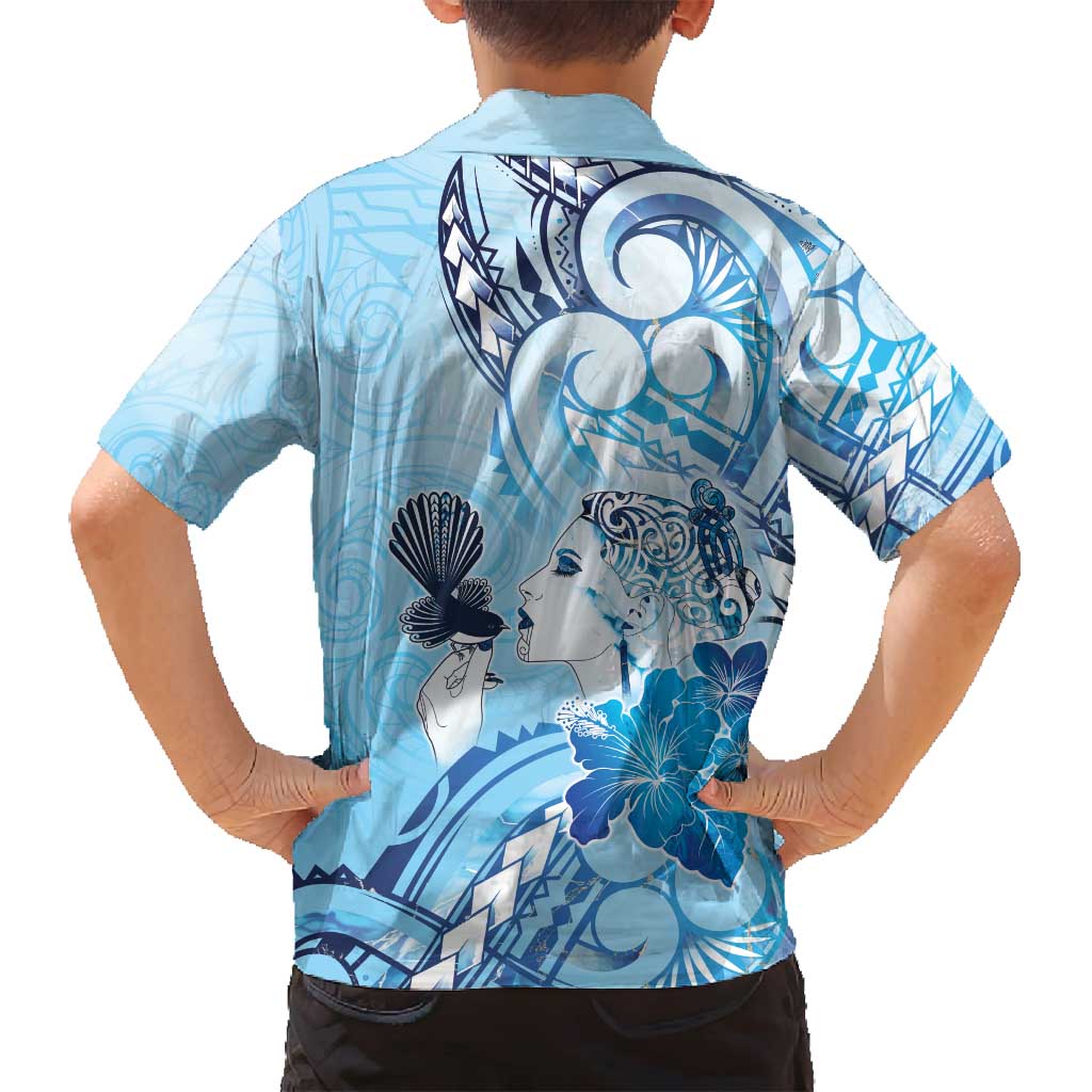 Aotearoa Maori Wahine Family Matching Off Shoulder Short Dress and Hawaiian Shirt Fantail Bird Blue Gold Marble LT05 - Polynesian Pride