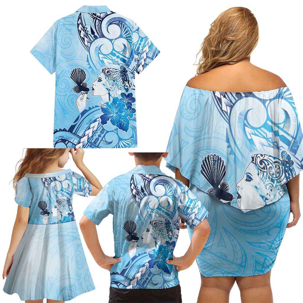 Aotearoa Maori Wahine Family Matching Off Shoulder Short Dress and Hawaiian Shirt Fantail Bird Blue Gold Marble LT05 - Polynesian Pride