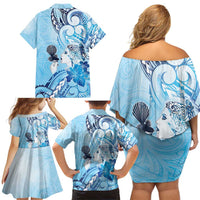 Aotearoa Maori Wahine Family Matching Off Shoulder Short Dress and Hawaiian Shirt Fantail Bird Blue Gold Marble LT05 - Polynesian Pride