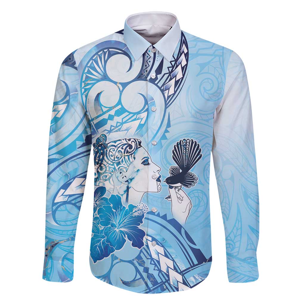 Aotearoa Maori Wahine Family Matching Off Shoulder Short Dress and Hawaiian Shirt Fantail Bird Blue Gold Marble LT05 Dad's Shirt - Long Sleeve Blue - Polynesian Pride